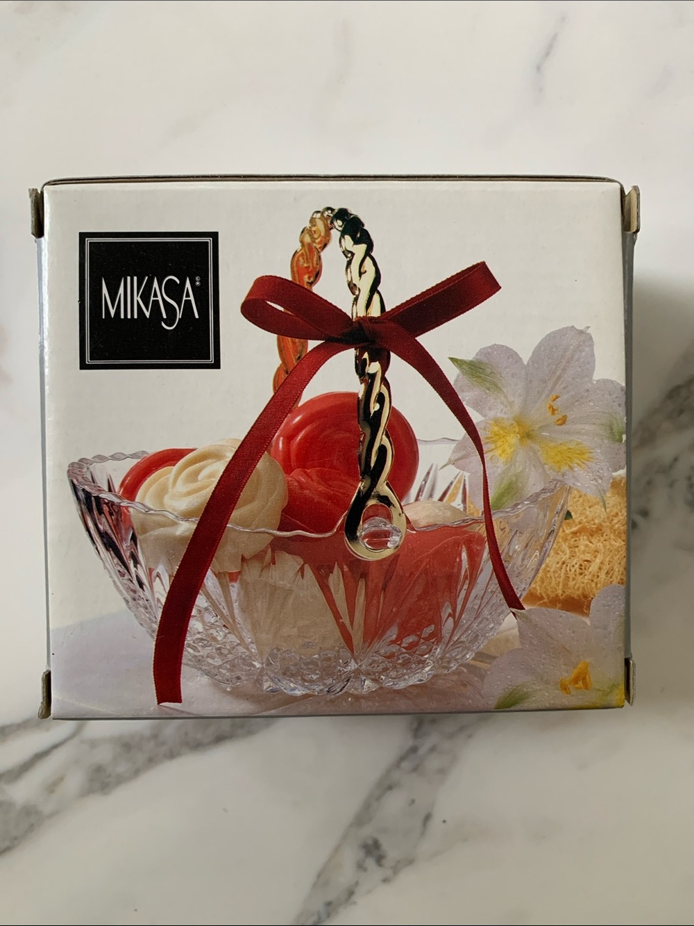 Mikasa Crystal Bath Bowl with Red Ribbon and Gold-Tone Handle